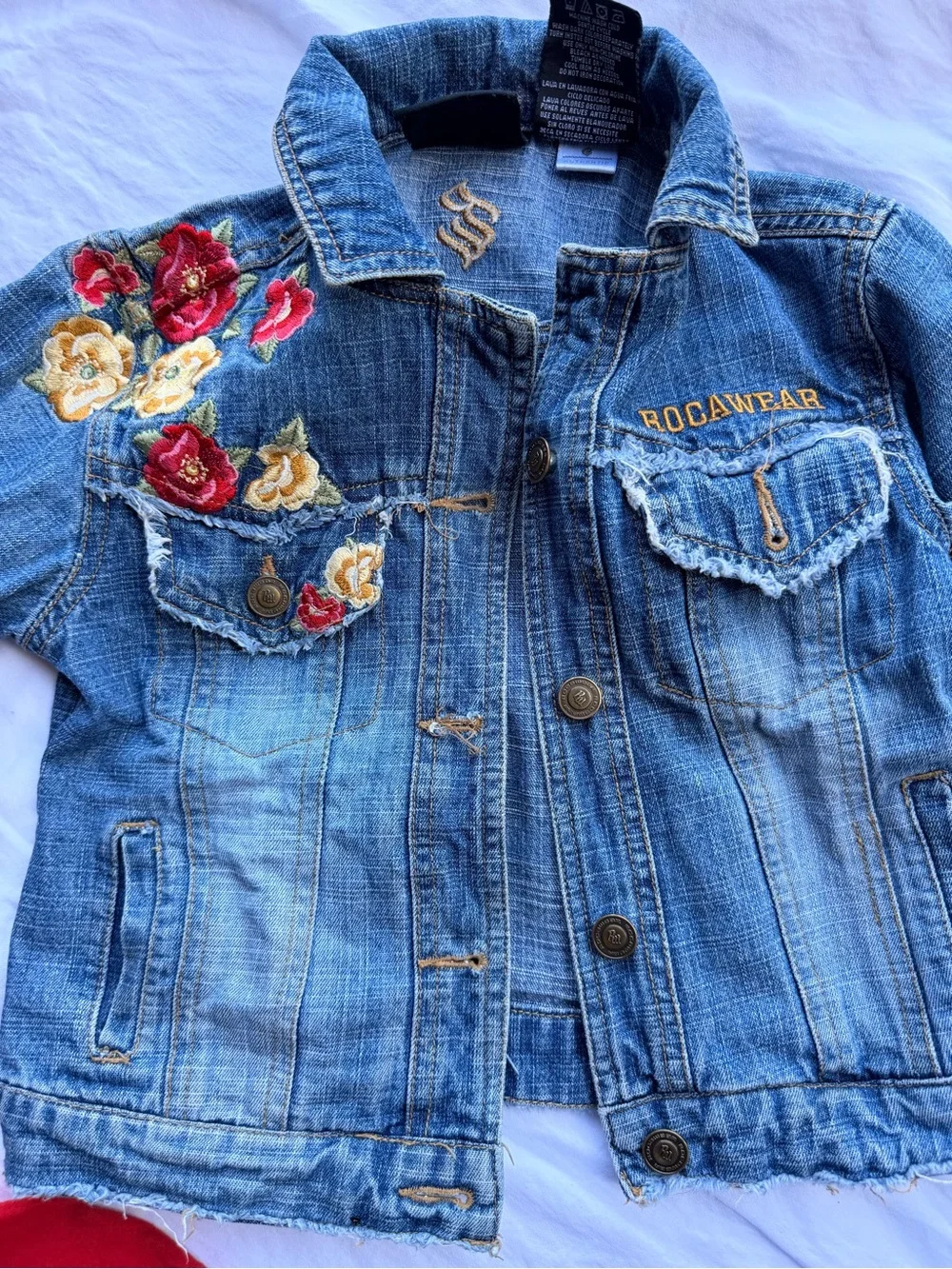 Celebrity Pink Blue Denim Jacket with Red & Yellow Floral Embroidery